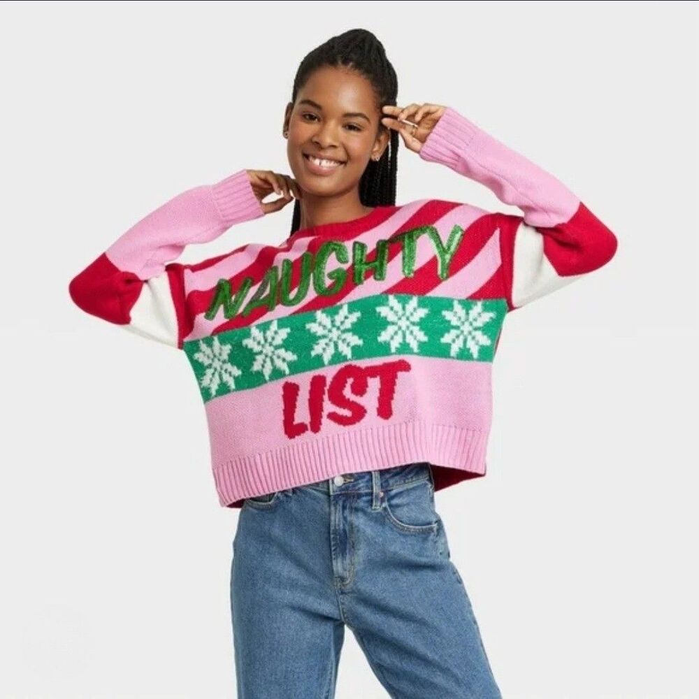 Ugly Christmas Sweater Pink Red Green White 'Naughty List' Crewneck Sweater